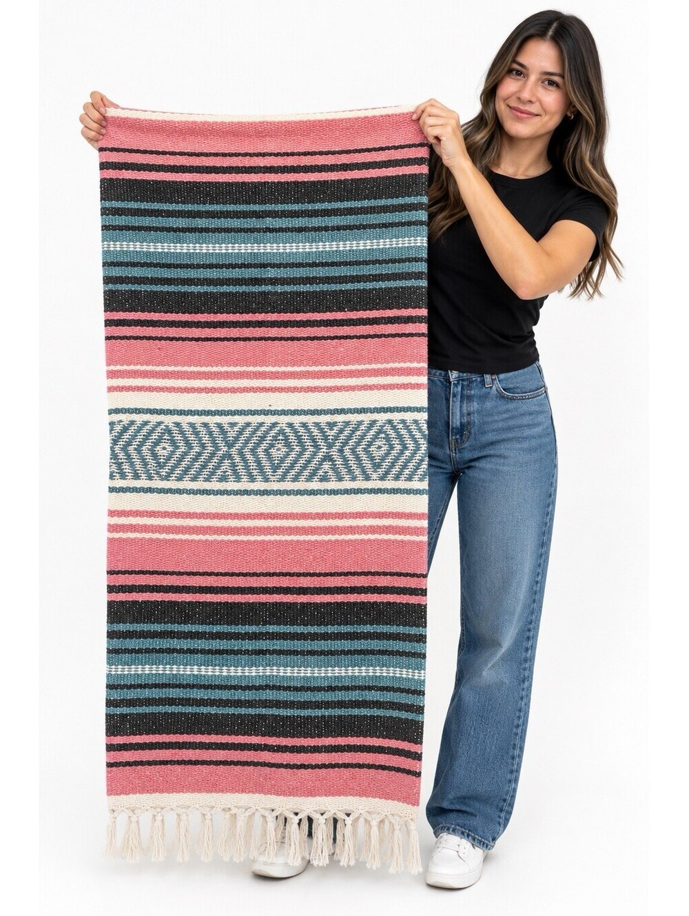 Mexican Serape Blanket Shawl 71x47 Pink Blue Woven Throw Western Boho Fringe